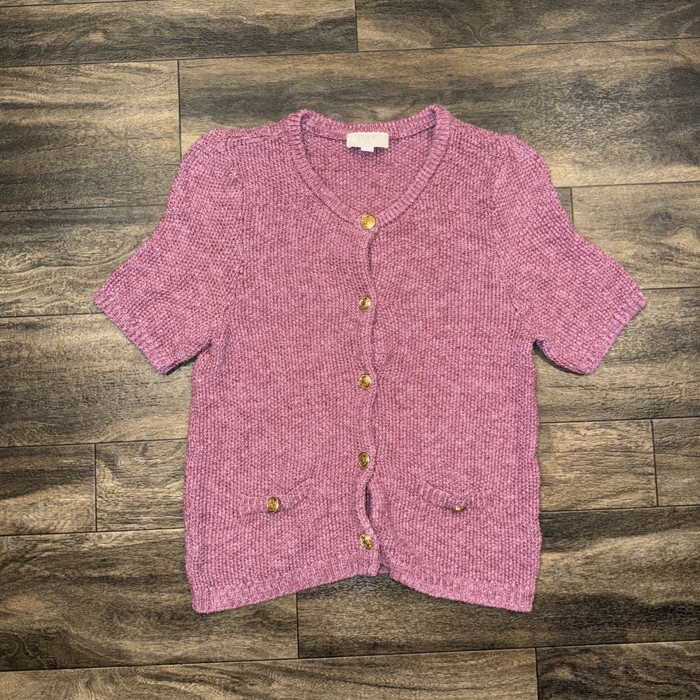 LOFT Textured Knit Short-Sleeve Button-Up Cardigan Women's Large Pink Preppy